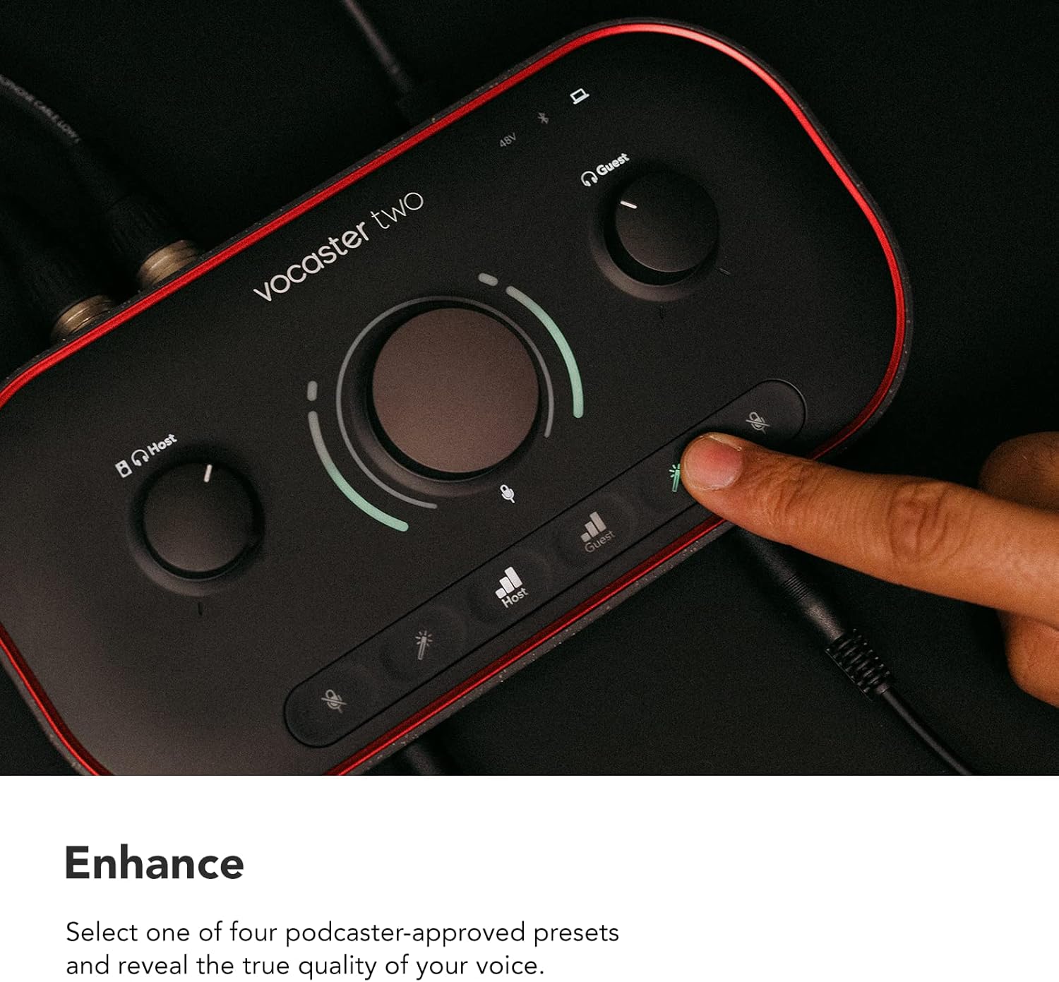 Focusrite Vocaster Two — Podcasting Interface for Recording Host and Guest. 2 Mic Inputs and Headphone Outputs, with Auto Gain, Enhance, and Mute. Small, Lightweight, and Powered by Computer