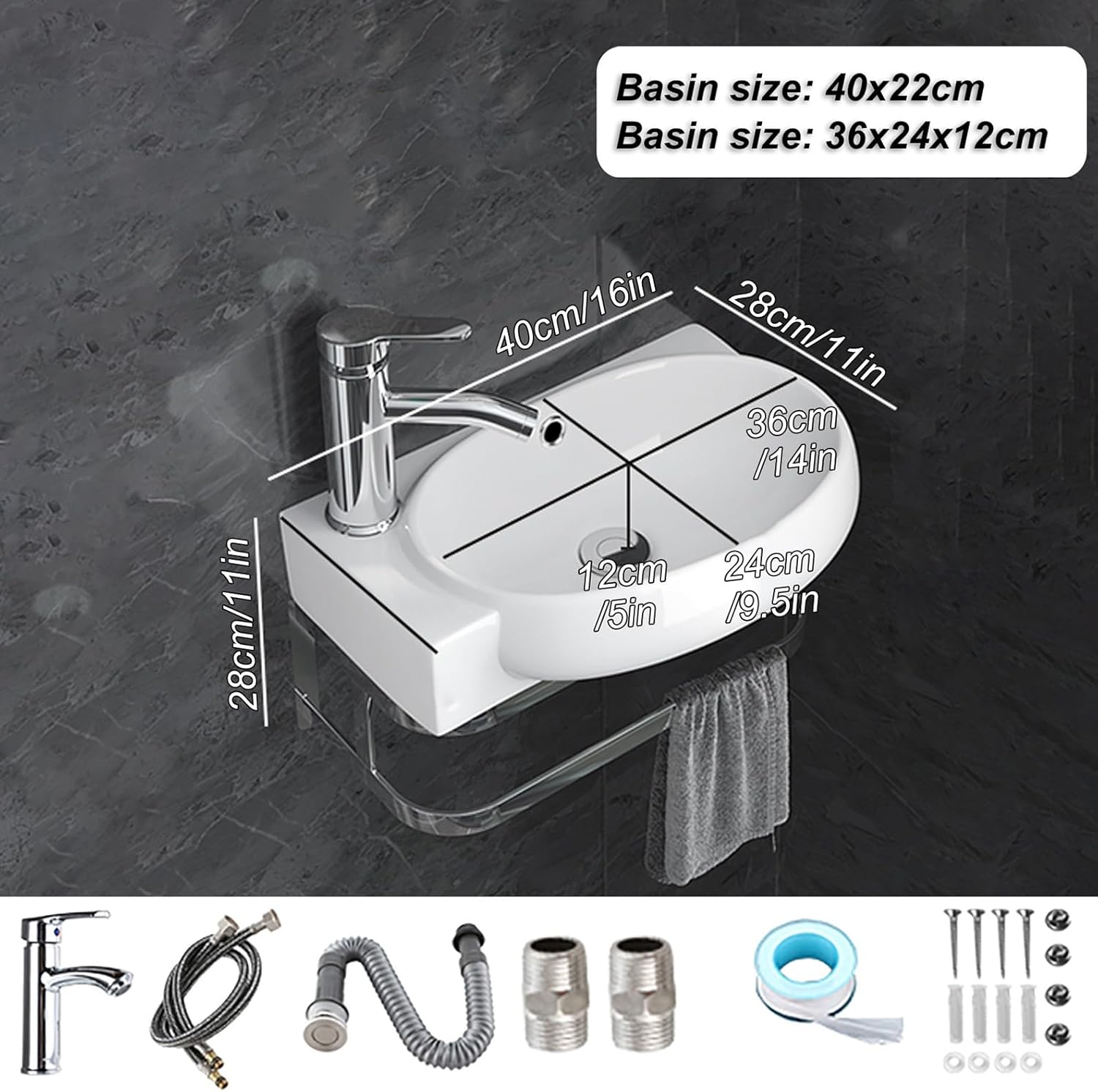 Bathroom Corner Wall Mount Sink Porcelain Ceramic Wall Mounted Bathroom Vessel Sink Wall Mount White Triangle Porcelain Ceramic with Faucet Drain Towel Bar for Small Bathroom Cloakroom.