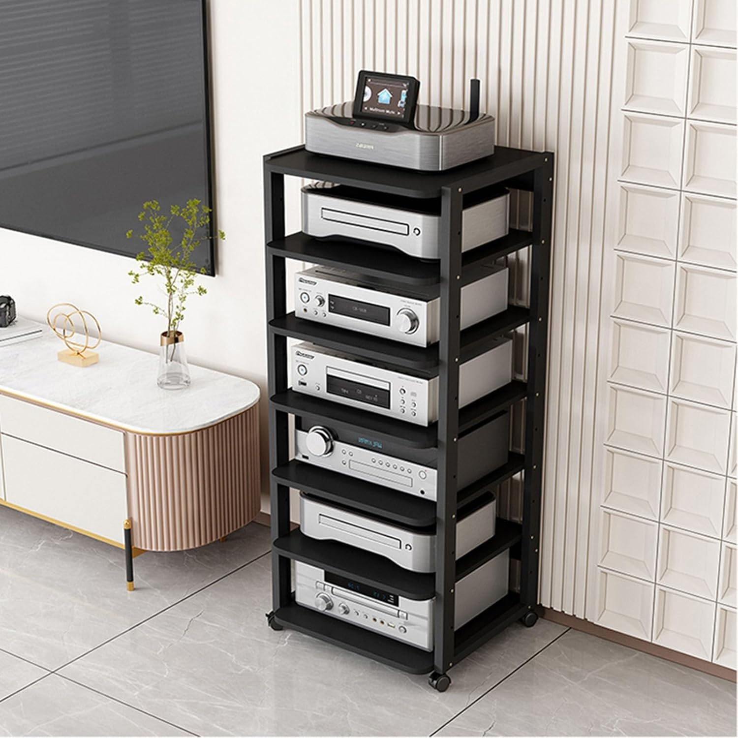 Movable Media Stand Media Stand Entertainment Center for TV, Streaming Devices, Open Multi-Function Storage Shelves, Black (Size : 7 Tier-50x45x131cm)