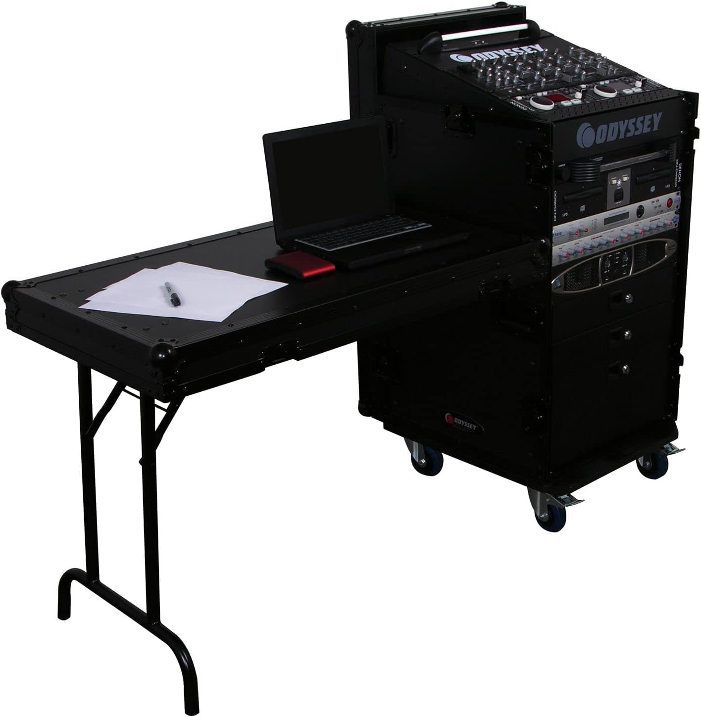 Odyssey FZ1116WDLXBL Black 11U Top Slanted 16U Vertical Pro Combo Rack with Side Table and Casters