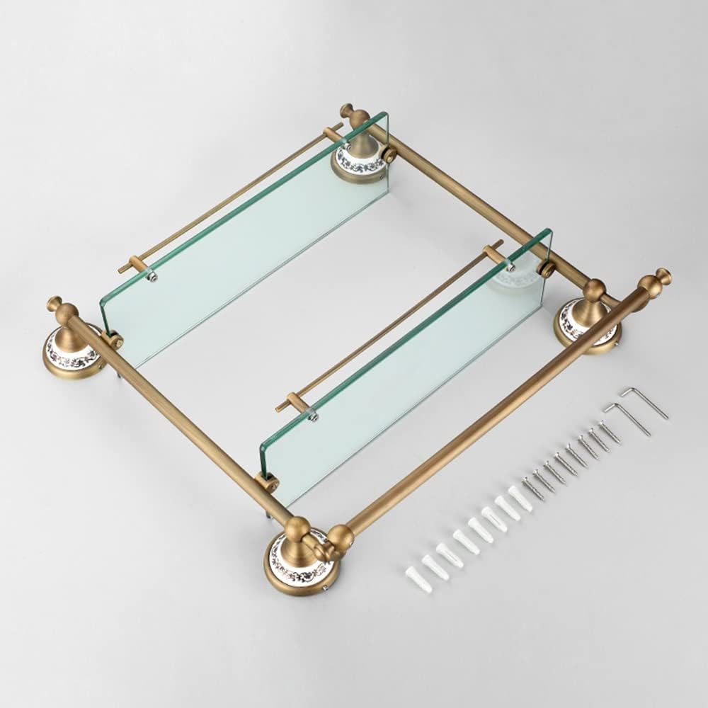 Shower Caddy Bathroom Glass Shelf 2 Tier, Coming with Towel Bar, Shower Caddy Bath Basket, Wall Mount, Antique Brass, Bronze Finish Bathroom Organizer