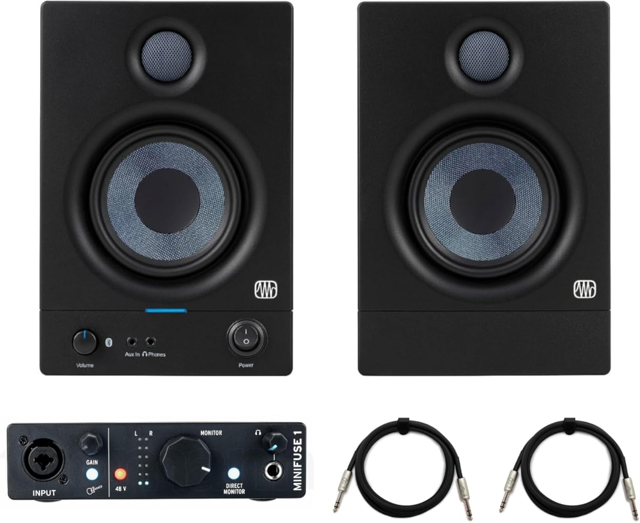 PreSonus Eris 4.5BT 2nd Gen 4.5-Inch Media Reference Monitors with Bluetooth Bundle with MiniFuse 1 Audio Portable Interface, and 1/4 Inch TRS Cables (5 Items)