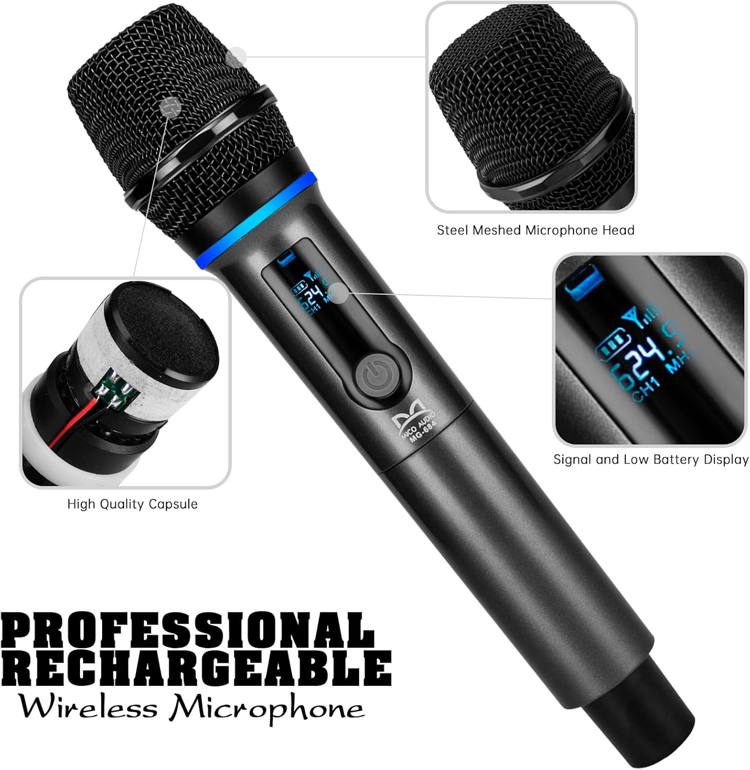 QiCheng&LYS 4 Wireless Microphones with Rechargeable Receiver, 2.4G Cordless Mics with Volume Control, Handheld Dynamic Mic System for Church Singing Karaoke Wedding, 200ft