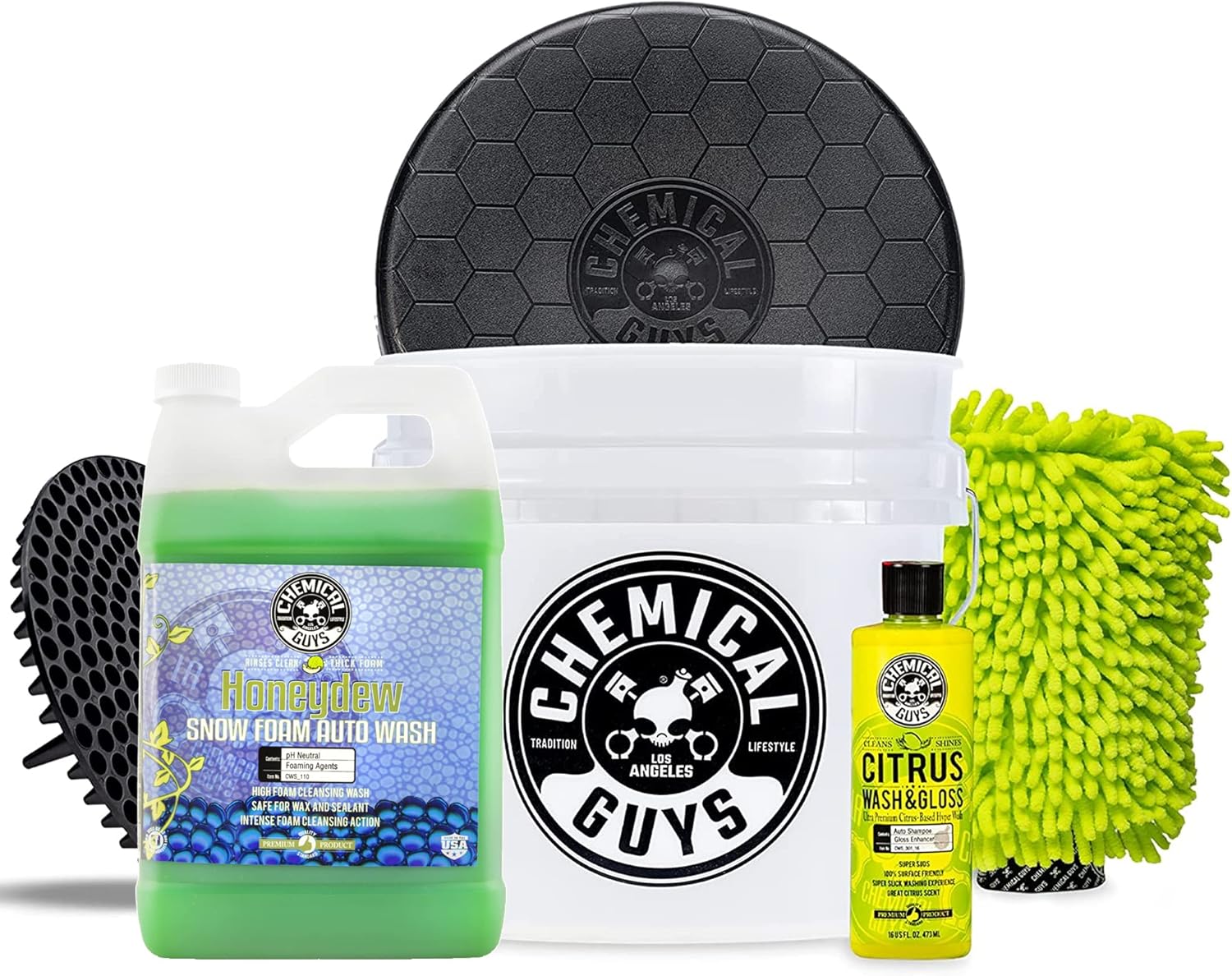 Chemical Guys CWS_110BK Car Wash Detailing Bucket, Mitt & Accessories Bundle (6 Items) Featuring Honeydew Snow Foam Car Wash Soap, 128 oz (1 Gallon) - Works on Cars, Trucks, SUVs, RVs & More