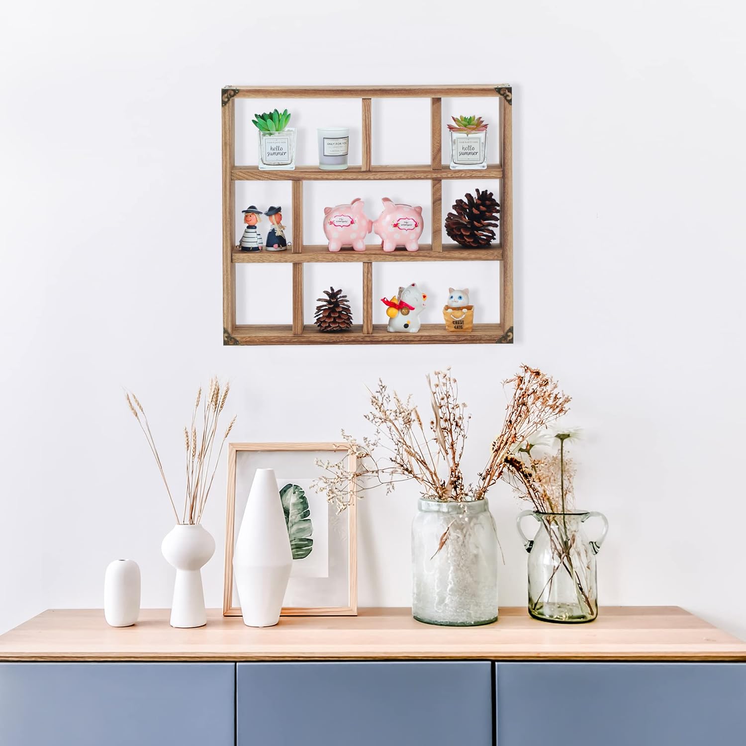 Generic FIRMINANA 17.7 Inch Solid Wood Display Shelf -Sef of 2- Shadow Box 9-Slot Wood Floating Shelves Larger Shelf Lightweight (Brown)