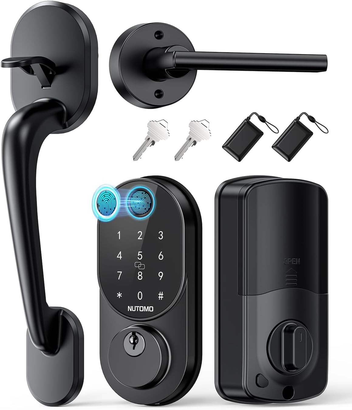 Smart Locks for Front Door: NUTOMO Keyless Entry Door Lock Deadbolt with Handle Set，Fingerprint doorlock Set,Electronic Digital Keypad Lock with Handle, Easy intall Code Auto Lock for Home Black