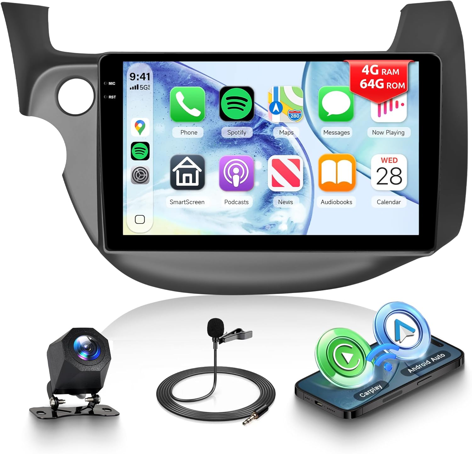 4G+64G Android Car Radio for Honda Fit 2008-2013 with Wireless CarPlay Android Auto, 10 Inch Touchscreen Car Stereo Mirror Link GPS Navigation WiFi Bluetooth FM RDS EQ SWC Backup Camera