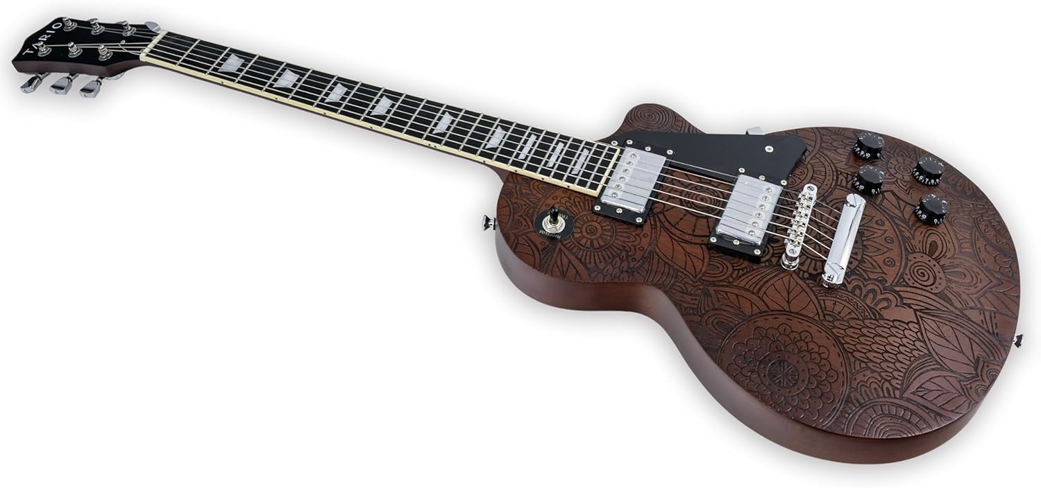 TARIO Electric Guitar Surface engraving pattern design Guitar Okoume Body with Bag