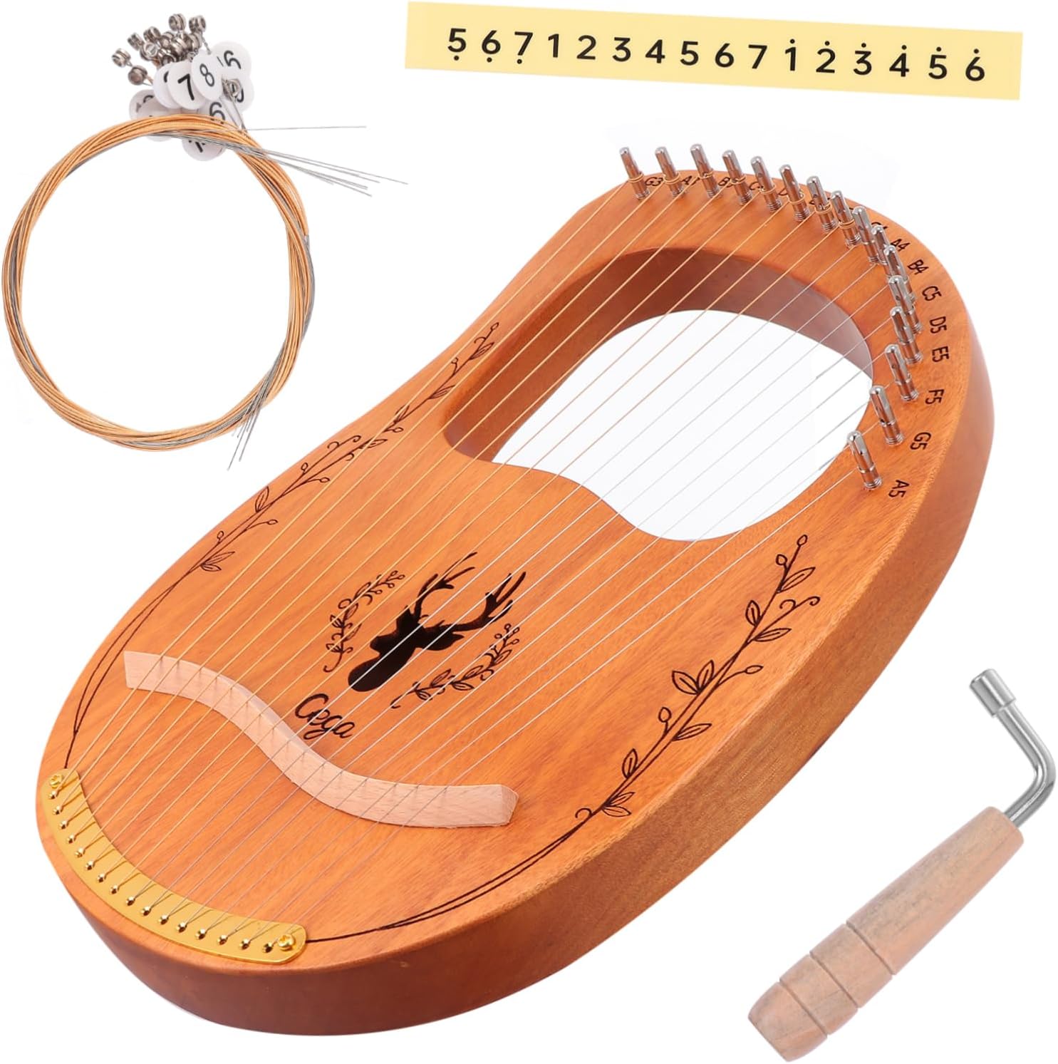 1set String Solid Lyre Harp Portable Ancient Style Musical Instrument for Beginners for Boys and Girls and Adults Includes Tuning Wrench and Manual