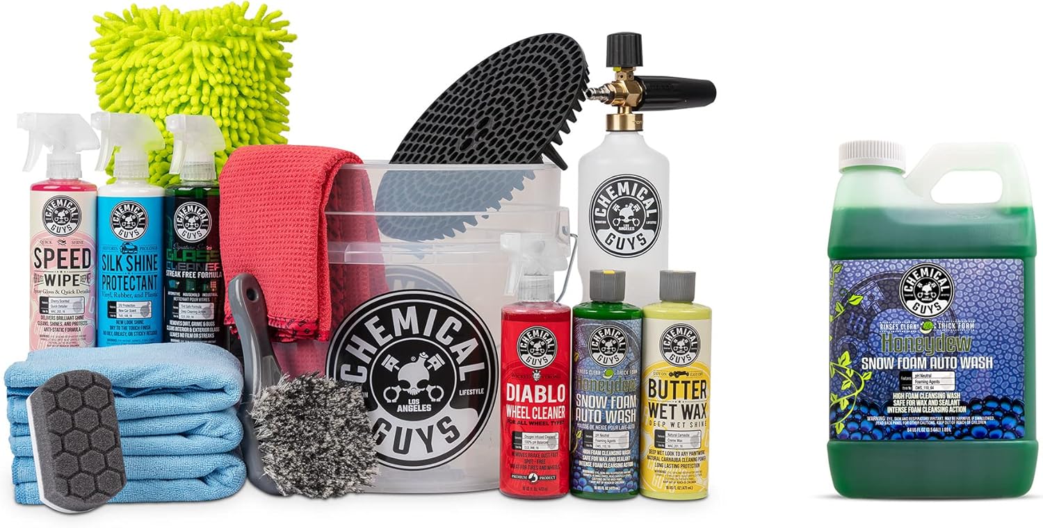 Chemical Guys CWS_110_16FC 16-Piece Arsenal Builder Carwash Kit, Foam Cannon, Bucket (6) 16 oz Car Care Cleaning Chemicals (Works w/Pressure Washers) with Honeydew Snow Foam Car Wash Soap, 64 oz