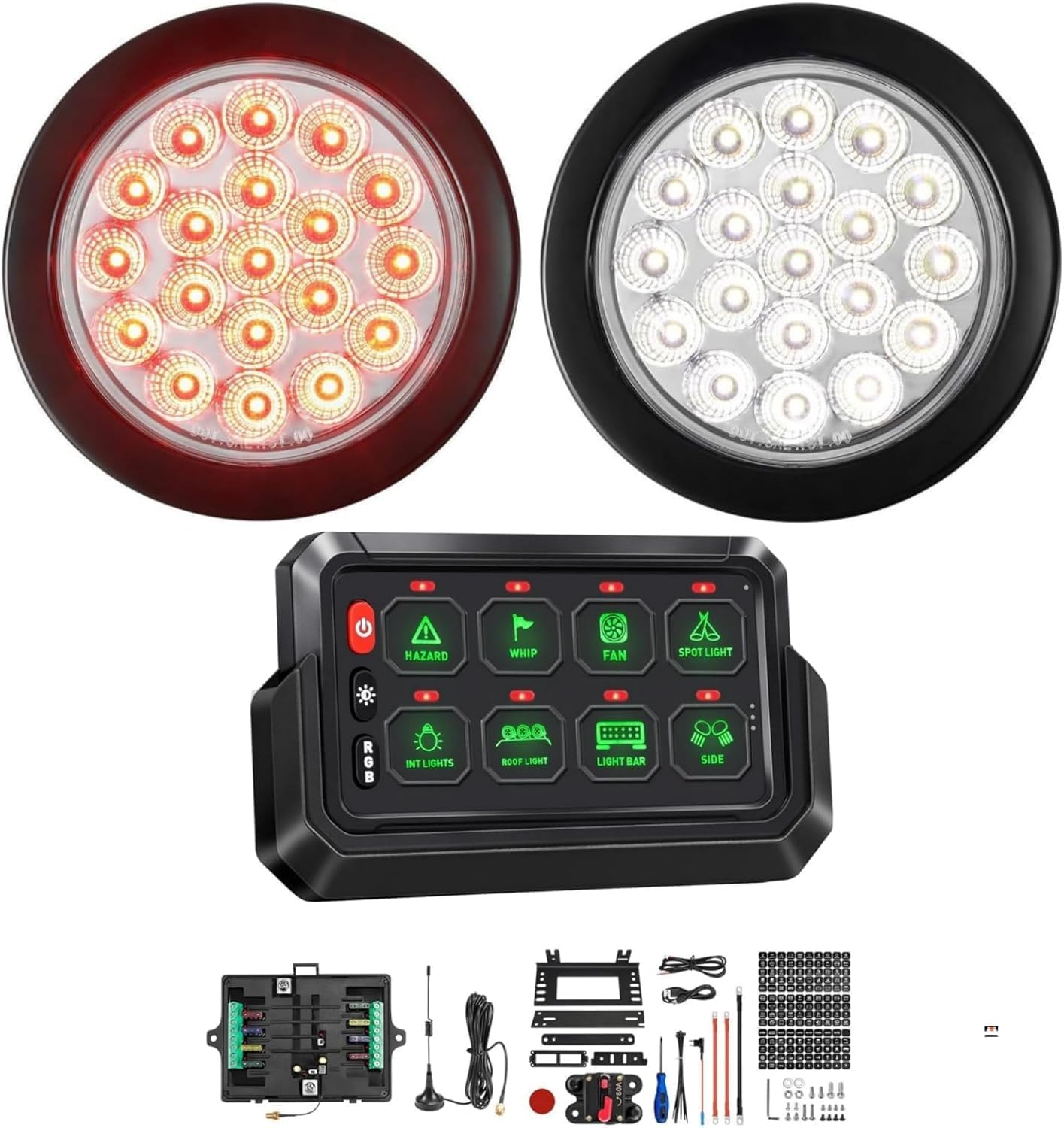 Partsam Round White Red Tail Lights+Wireless RGB 8 Gang Switch Panel