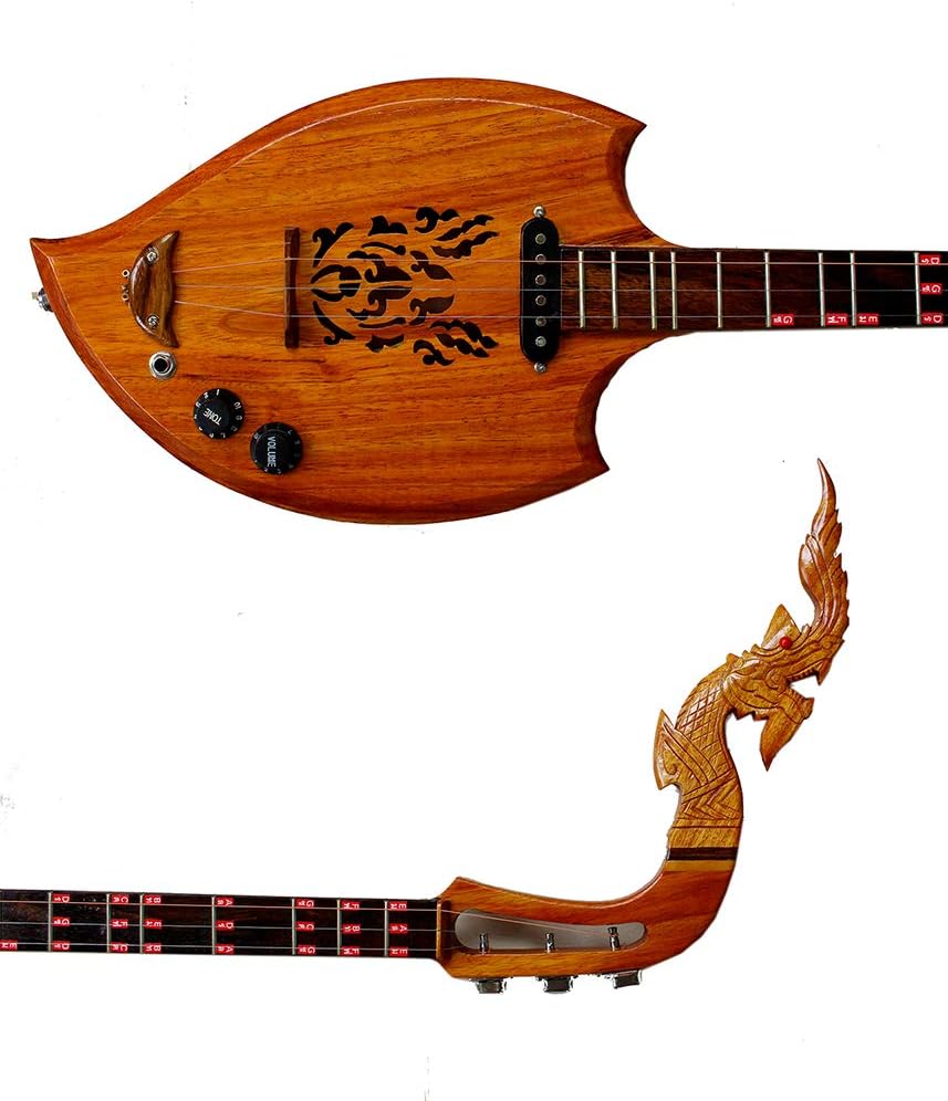 Isarn Acoustic Electric Phin 3 Strings, Thai Lao Asian Guitar Folk Musical Instrument, Traditional Thailand Musical Pin60