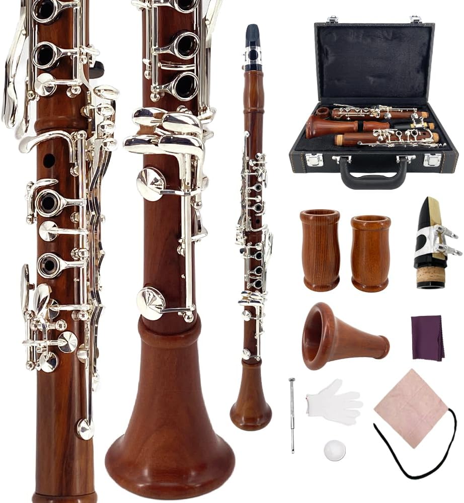 Bb Clarinet 17 Keys - Rosewood B Flat Clarinet with Nickel-Plated Keys for Students & Musicians | Woodwind & Woodwind Instruments | Includes Case & Accessories