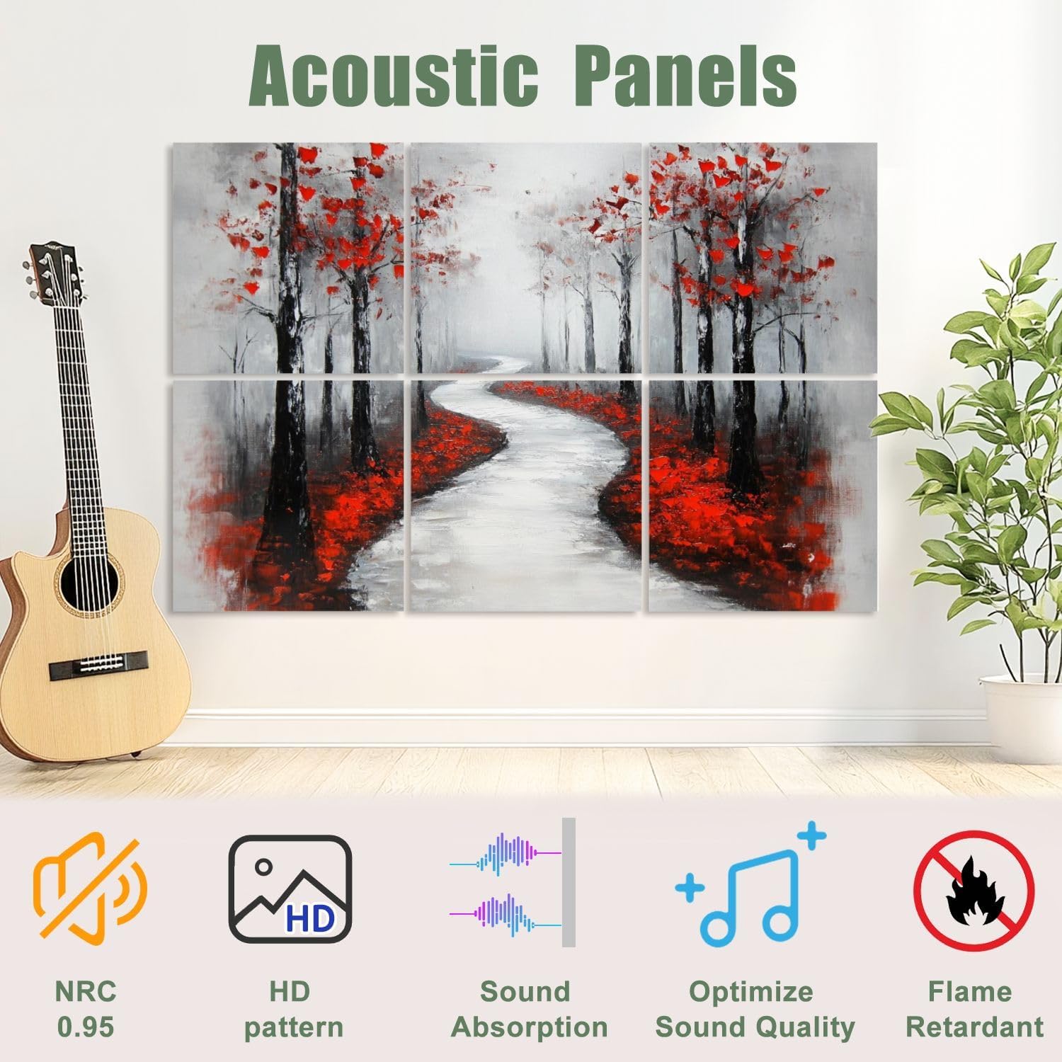 6 Pack Art Acoustic Panels Sound Absorbing Snowy Road 3D Hand Abstract Artwork Winding Bare Trees Red Leaves Decorative Soundproof Wall Panels Self Adhesive for Recording Studios Office 72