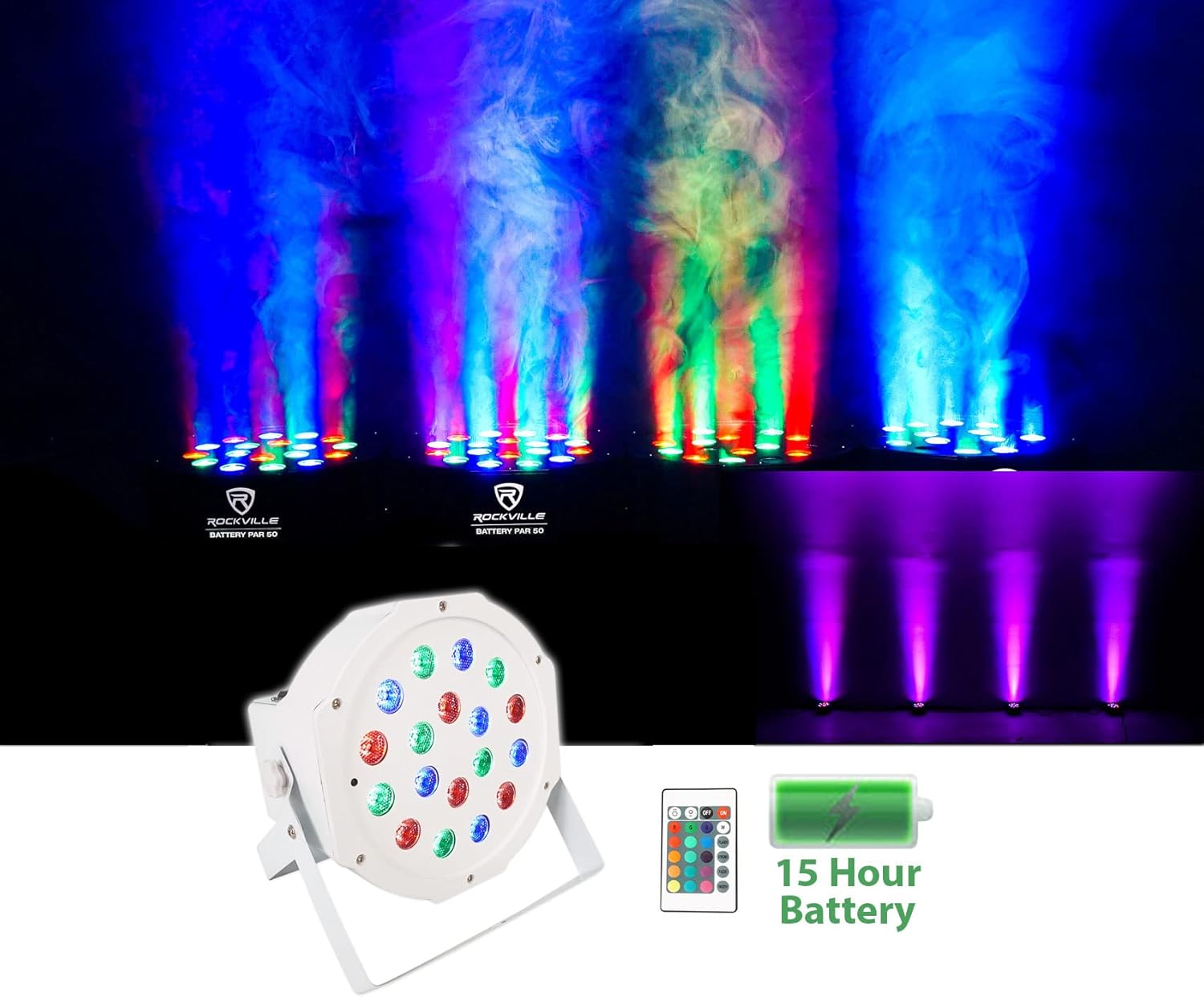 Rockville Battery PAR 50 Bundle: (6) Rechargeable RGB LED DMX Wash Uplights with Remote, RLBP6 Padded Backpack Bag for Six Fixtures, 7-Items