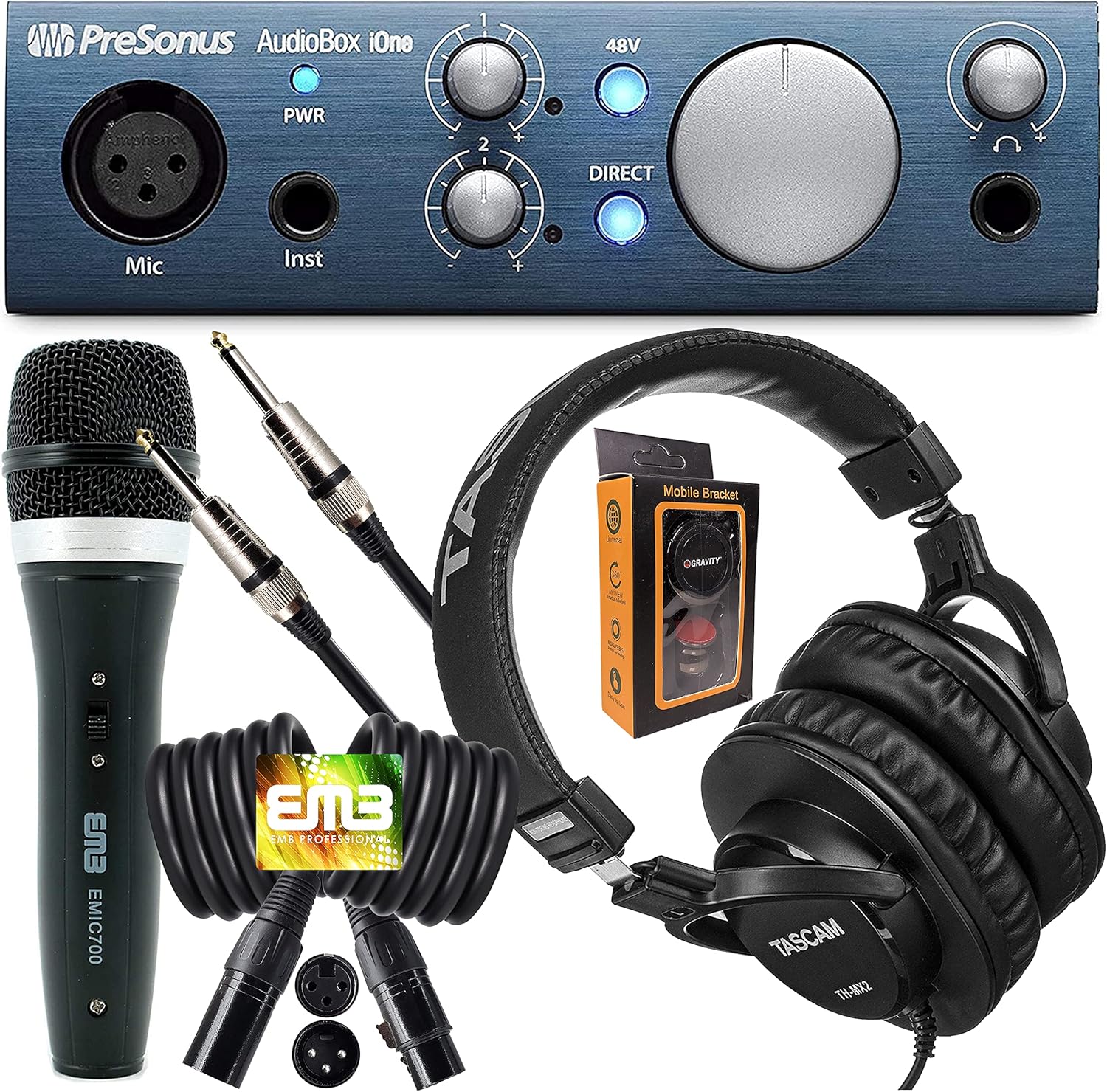 PreSonus AudioBox iOne 2x2 USB/iPad Audio Interface with Studio One Artist and Ableton Live Lite DAW Recording Software with EMB Cable and Microphone Package PK1 Bundle