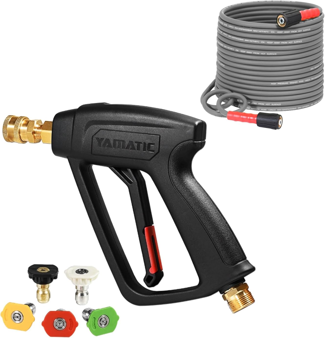 YAMATIC Pressure Washer Short Gun with 5 Spray Nozzles, M22-14mm & M22-15mm Fitting, Pressure Washer Hose 50FT 1/4