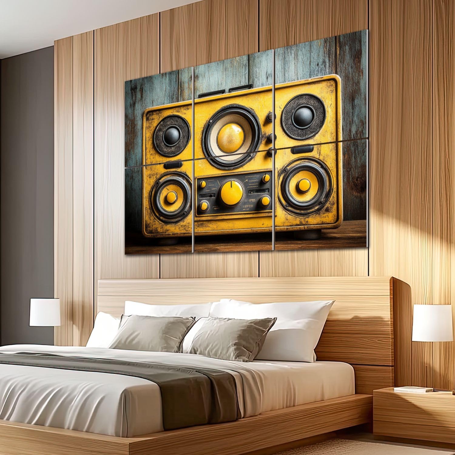 6 Pack Art Acoustic Panels Sound Absorbing Retro Vintage Knobs Speakers Distressed Texture Wood Background Decorative Soundproof Wall Panels Self Adhesive for Recording Studios Office 72