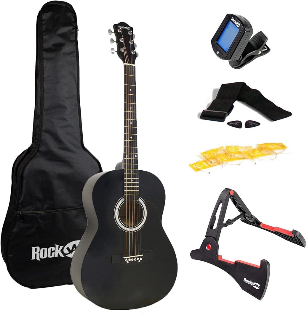 RockJam Acoustic Guitar Kit with Stand, Tuner, Gig Bag, Strap, Picks, Spare Strings & Lessons