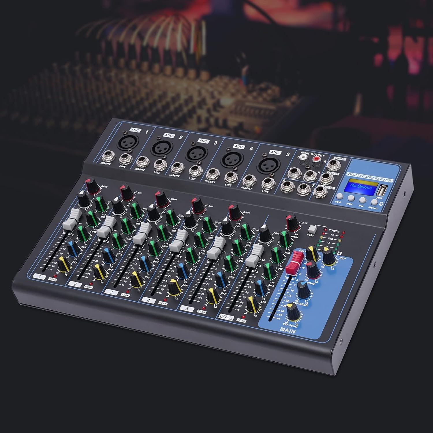 7 Channel Bluetooth Portable Audio Mixer w/USB DJ Sound Mixing Console MP3 Jack 48V Power for Computer Studio Recording 110V (7 Channel Mixer)