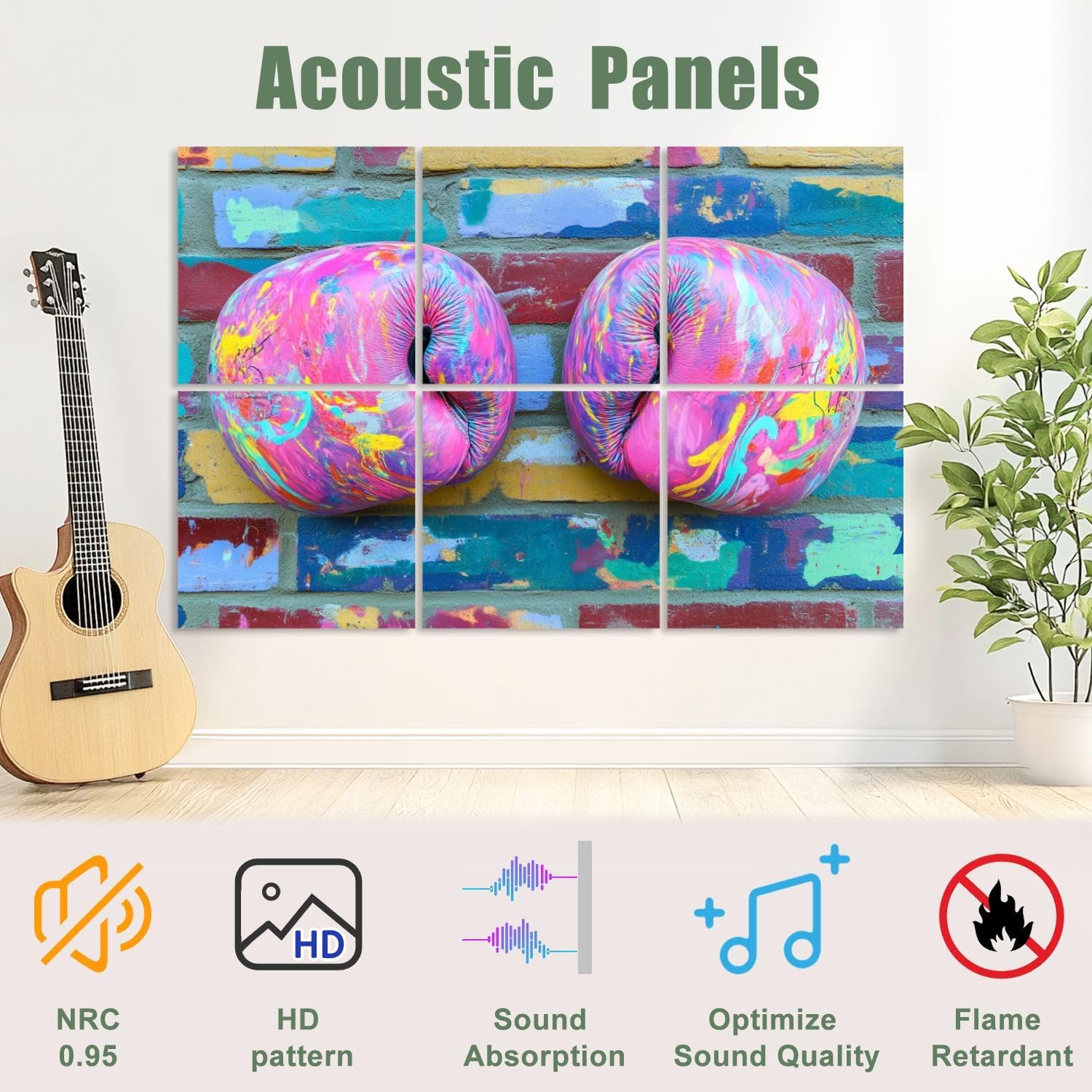 6 Pack Art Acoustic Panels Sound Absorbing Graffiti Boxing Gloves Sport Modern Bright Pink Multicolor Paint Decorative Soundproof Wall Panels Self Adhesive for Recording Studios Office 72