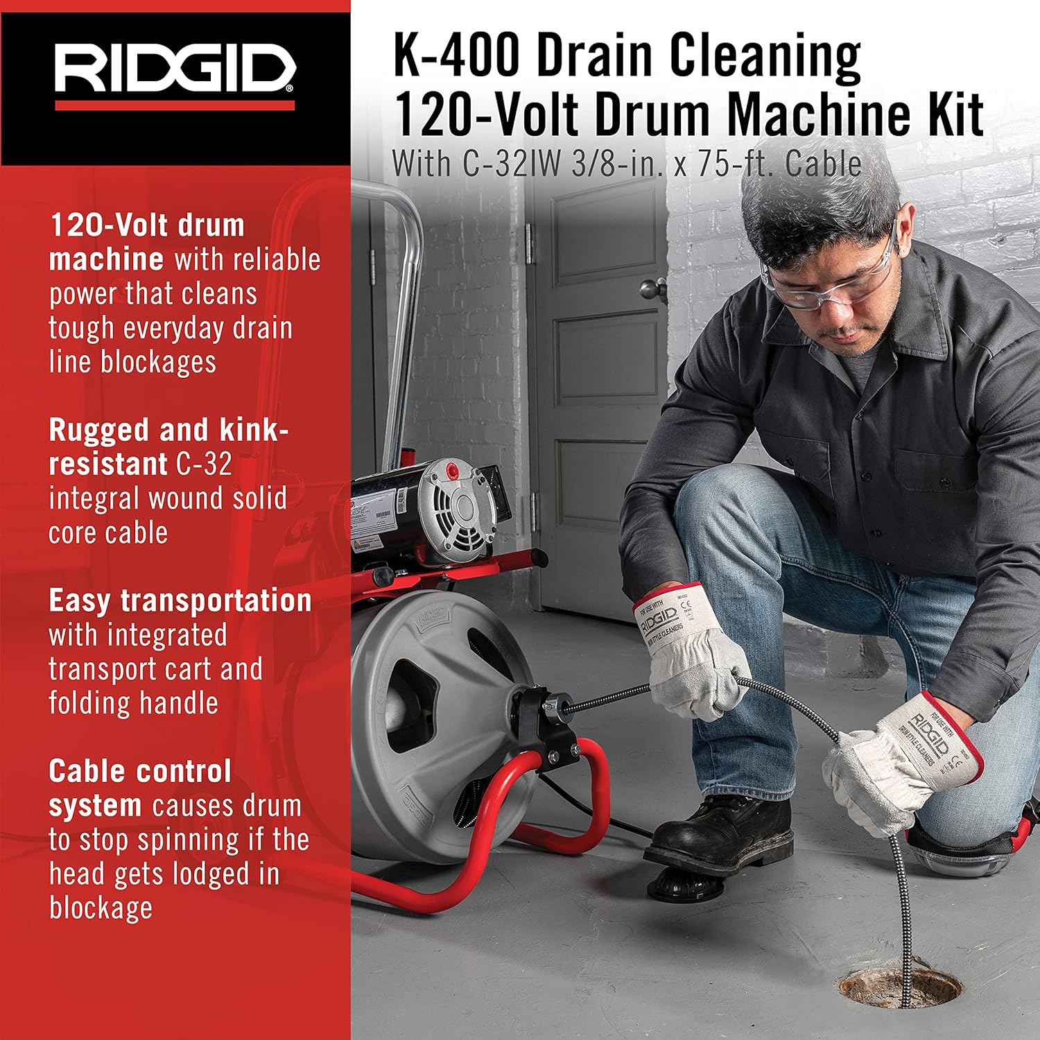 RIDGID 52363 Model K-400 Drain Cleaning 120-Volt Drum Machine Kit with C-32IW 3/8