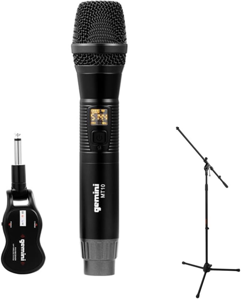Gemini GMU-M100 Handheld UHF Wireless Microphone System with Plug-in Receiver (512 to 541.7 MHz) Bundle with Auray MS-5230F Tripod Microphone Stand with Fixed Boom
