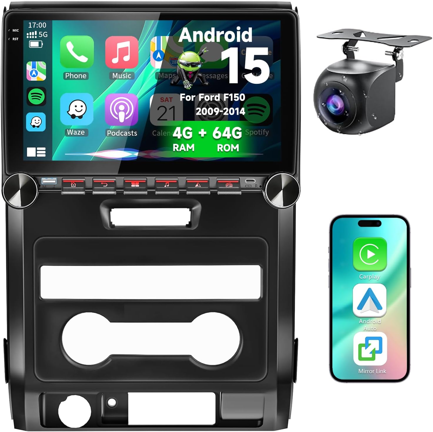 4G+64G Android 15 Car Radio Stereo Wireless Apple CarPlay&Android Auto&Mirror Link for Ford F150 2009-2014,10.1 inch 1280 * 720 Touch Screen Head Unit with GPS Navigation FM SWC WiFi Backup Camera