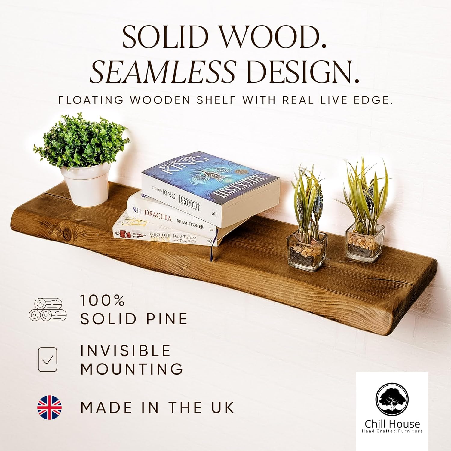 Live Edge Chunky Rustic Floating Shelf 6x2, Tudor Oak, 16in