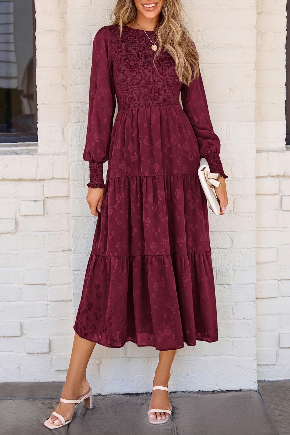 PRETTYGARDEN Women's Fall Spring Midi Dress Long Sleeve Floral Smocked Elegant Wedding Guest Long Flowy Dresses with Pockets