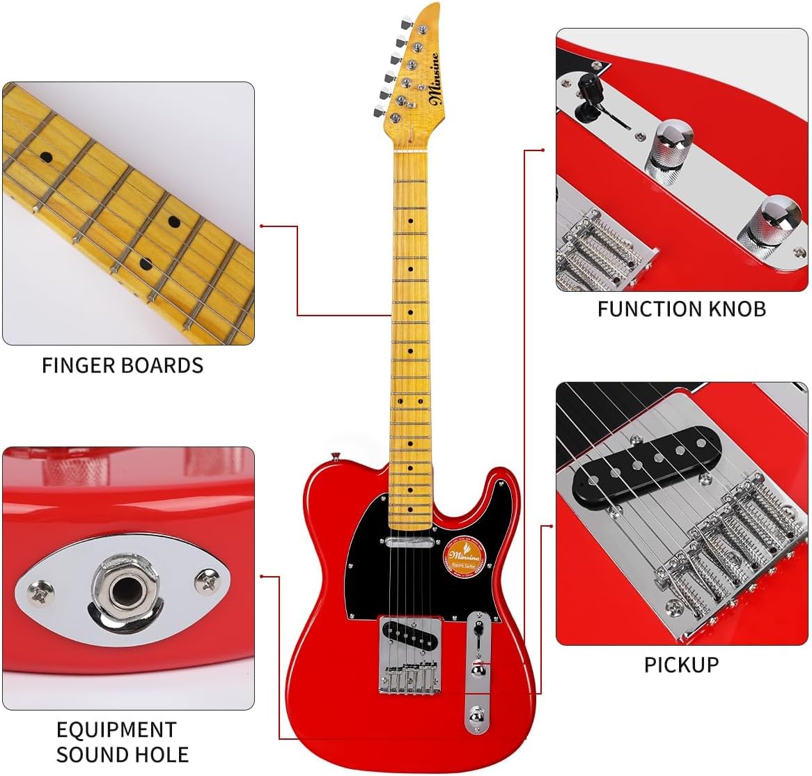 Electric Guitar Beginner Kit TL Series, Full-Size Paulownia Wood Body, C-Shape Neck, Guitarra Electrica, Accessories Pack Guitar Bag MS110 (Red)