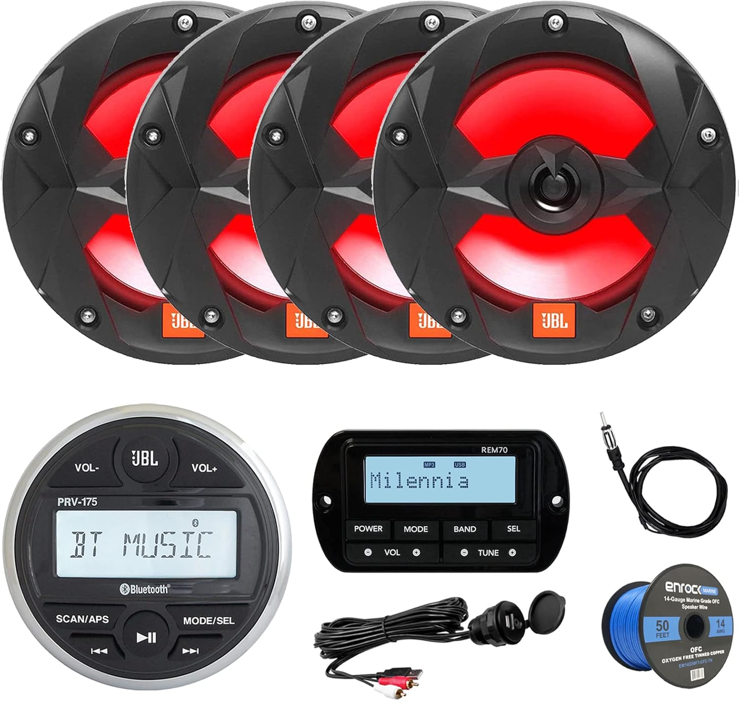 JBL PRV-175 Marine Gauge Hole Mount USB Bluetooth AM/FM Digital Stereo Receiver, Remote, 4X 6.5 2-Way 225W Black Marine LED Speaker, USB/AUX Interface, Marine Wired 22