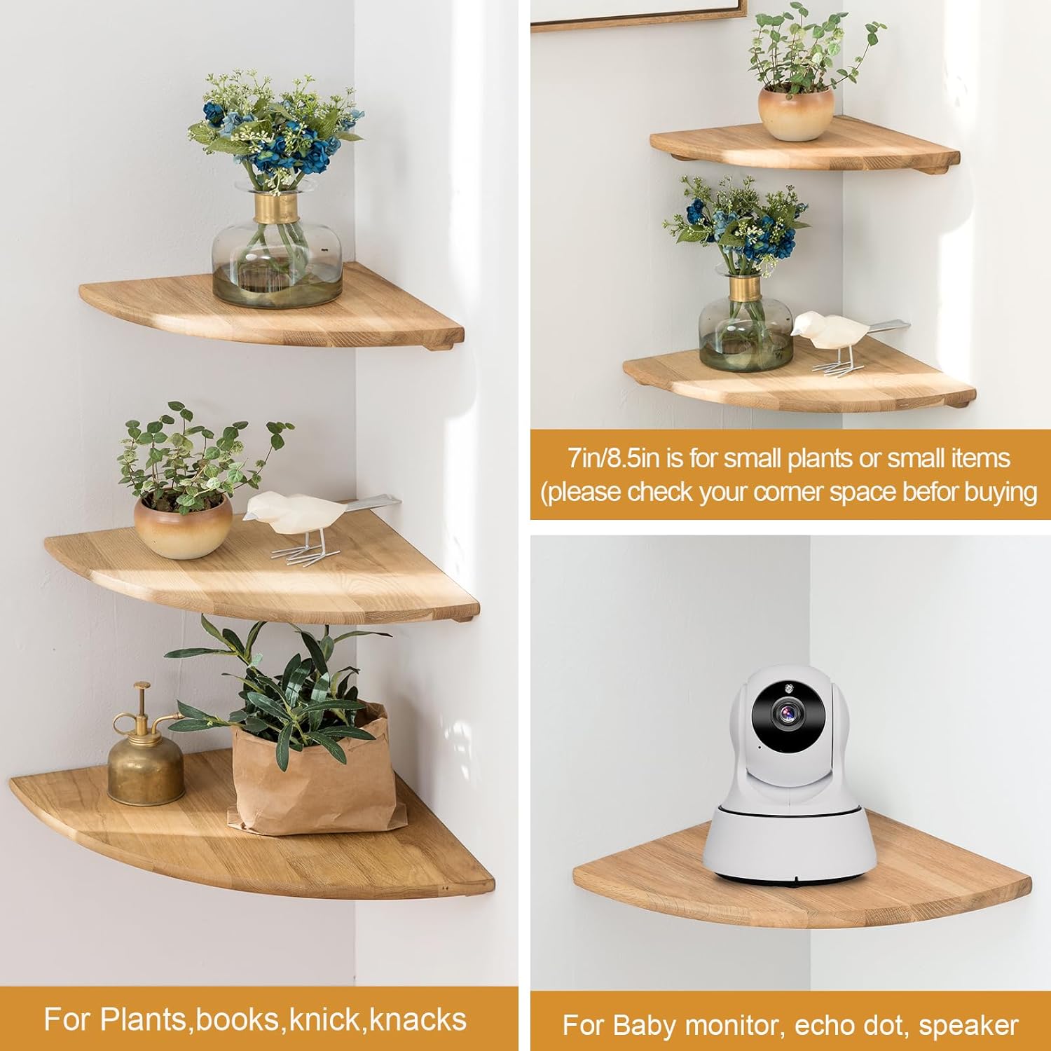 4pcs Oak Corner Shelves Wall Mount Set Round End Floating Speaker Shelf Display Shelf for Small Plant Photo Frame (9in+10in+12in)