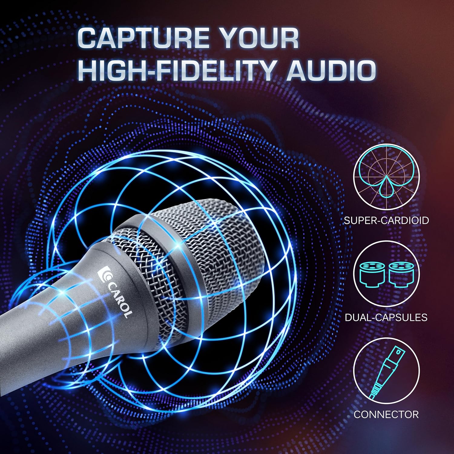 CAROL AC-900 XLR Wired Vocal Microphone – Dynamic Supercardioid Mic with Dual-Engine AHNC Noise Cancelling Tech for Singing, Karaoke, Stage & Studio, Includes Mic Clip & 14.8ft XLR Cable - Gray