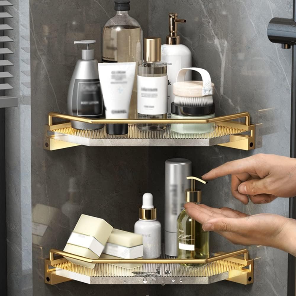Corner Shower Caddy Corner Shelves, Cosmetics Holder Gold Aluminum Transparent Acrylic WC Accessories Wall Mount Bathroom Storage Shelf Shower Organizer