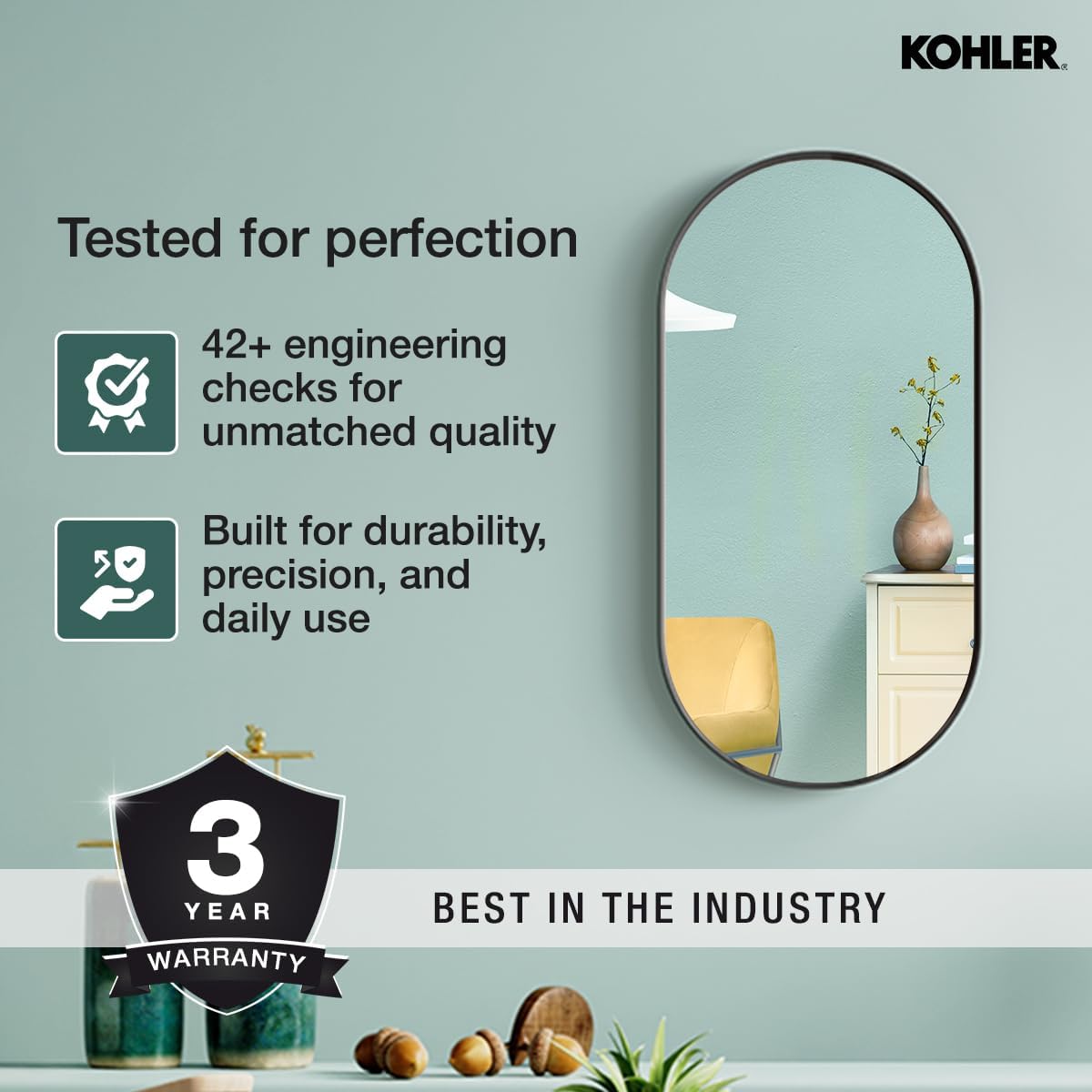 Kohler Essential 20. in. W x 40 in. H Framed Oval Wall Mount Vanity Mirror in Matte Black