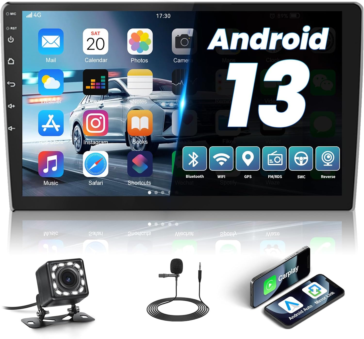 AMprime Android Double Din Car Stereo with Apple Carplay 10.1'' Touchscreen Car Radio Support Bluetooth, WiFi, GPS, FM, SWC + Rear Camera & External Microphone
