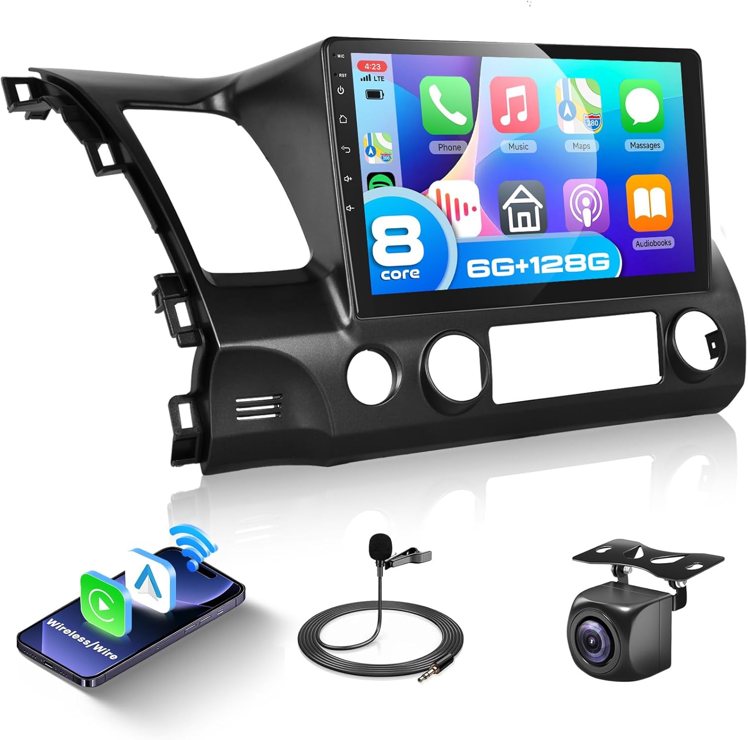 6G+128G 8Core Android 13.0 Car Stereo for Honda Civic 2006-2011 with Wireless Carplay/Android Auto, 10.1 inch 1280 * 720 Touchscreen Radio, WiFi 4G/GPS/AM/FM/DSP Audio/SWC/HD Rear Camera