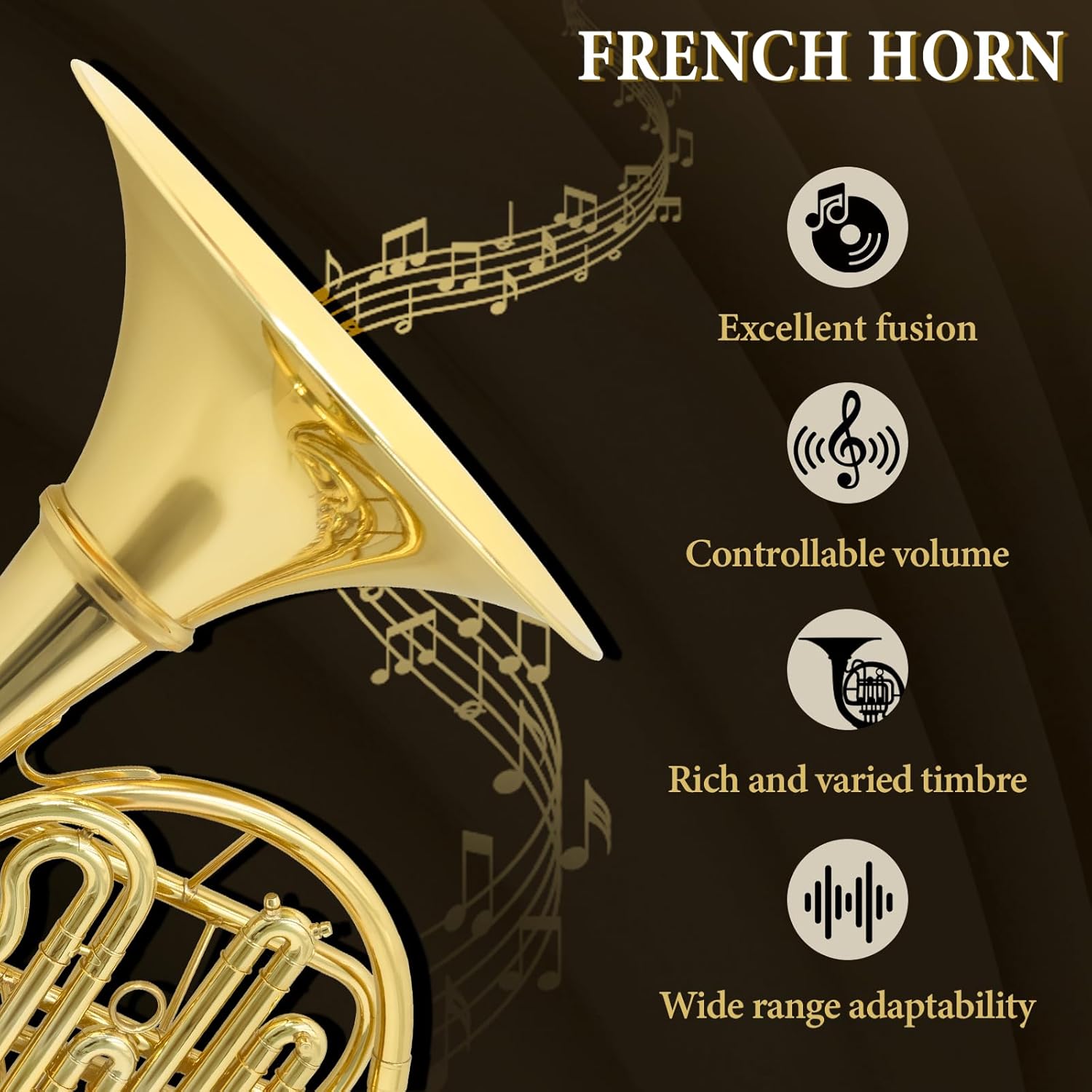 French Horn B Flat, 4 Key Gold Single French Horn Beginner Set for Students & School Bands‌ Brass Lacquer Craft Includes Musical Instrument Box Mouthpiece, Gloves, Cleaning Kit
