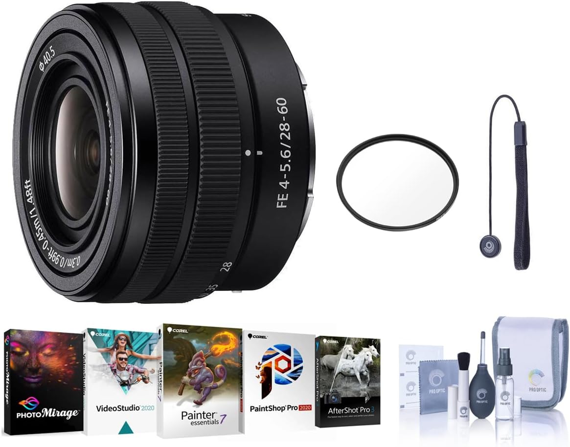 Sony FE 28-60mm f/4-5.6 Lens, Bundle with 40.5mm UV Filter, Cleaning Kit, Lens Cap Tether, PC Software Kit