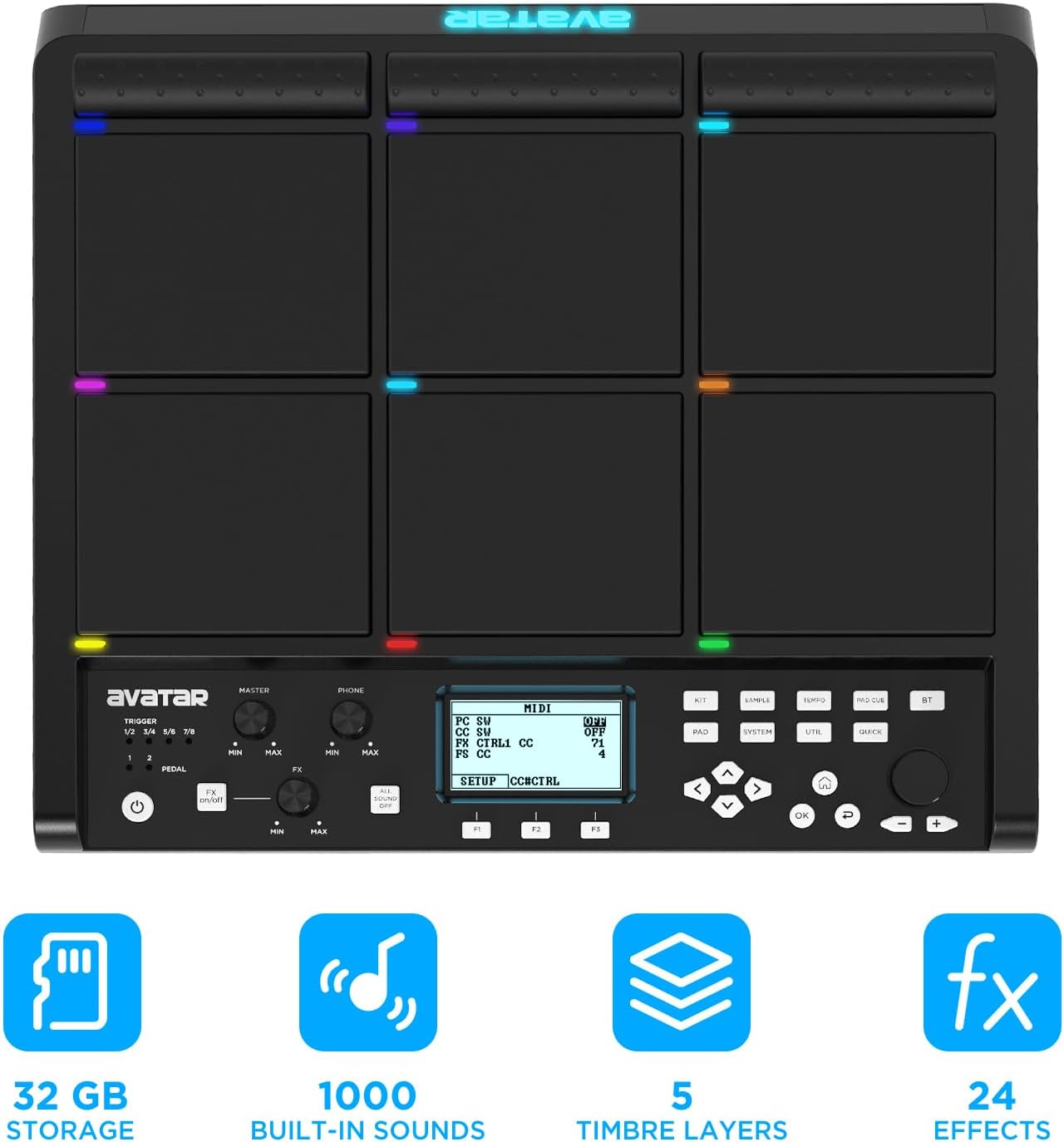 PD708 Sample Pad Sampling Drum Pad Electronic Tabletop Digital Drum Set for Drummer Live Performance, 1000 Built-in Sounds, 32 GB Storage, Onboard FX, Customizable LEDs