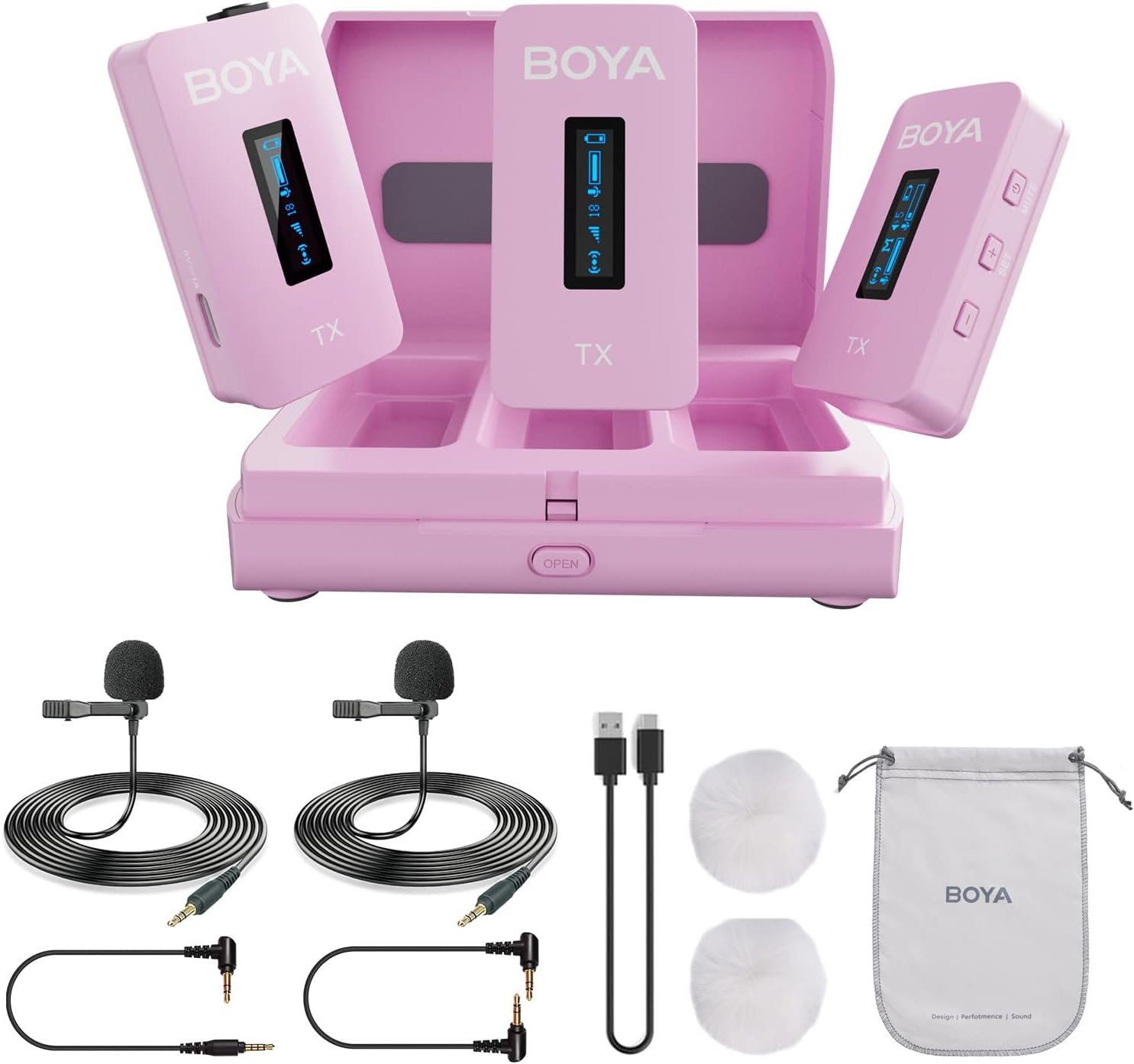 BOYA BY-XM6-K2P Dual Wireless Lavalier Microphone System with 2 Transmitters for DSLR Camera Camcorder Smartphones in Vlog YouTube Video Facebook Live (Pink)