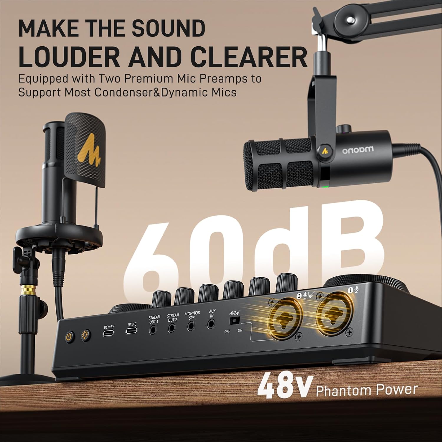 MAONO Podcast Equipment Bundle: Audio Interface, XLR Condenser Mic and Headphones with Dual XLR Input, Quick to Mute, Noise Reduction, 8 Customize soundpads for Podcast Recording, Streaming, YouTube