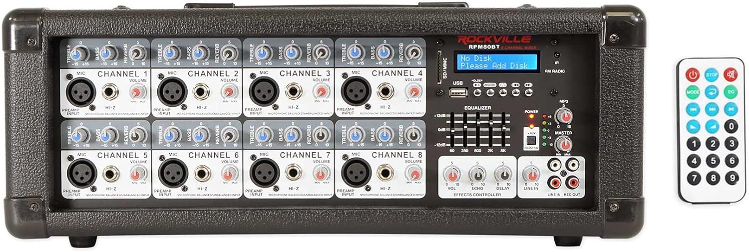 Rockville SPGN158 Karaoke Bundle: (2) 15-in Passive 1600-Watt Speakers, RPM80BT 2400W 8-Channel Powered Mixer with Bluetooth, RWM1203VH Dual Wireless Mics, Tripod Stands + Cables, 8-Items