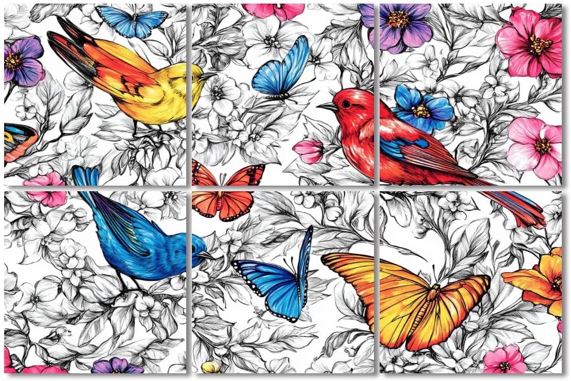 6 Pack Art Acoustic Panels Sound Absorbing Black And White Floral Birds Butterflies Flowers Leaves Branches Hand Decorative Soundproof Wall Panels Self Adhesive for Recording Studios Office 72