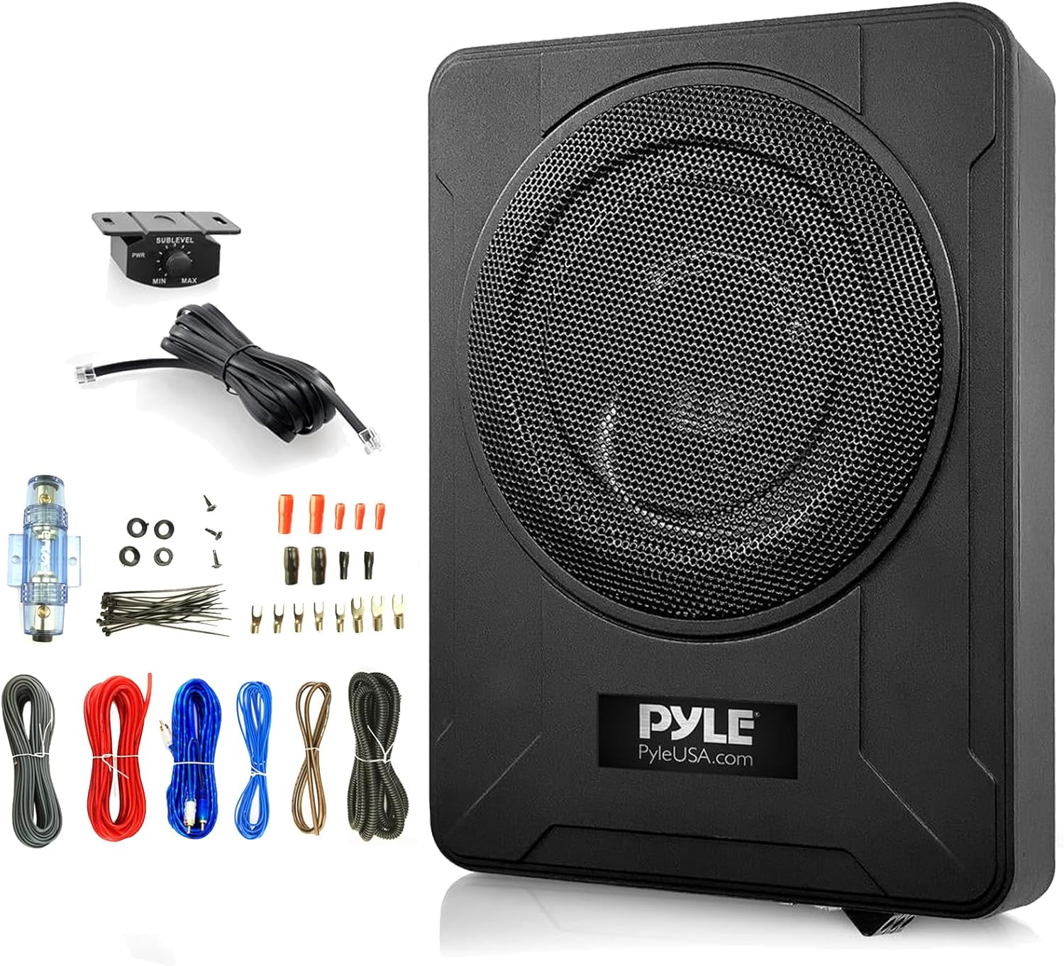 Pyle PLBX8A 8 600 Watt Peak Power Low-Profile Compact Enclosed Low & High Level Inputs Active Amplified Under Seat Car Subwoofer System Bundle Combo with 8 Gauge Wiring Installation Kit