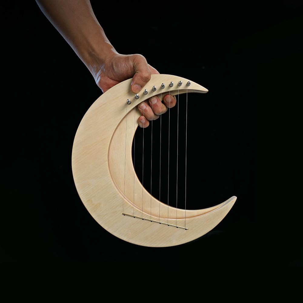 Lyre Harp, Portable Harp Strings Instrument, Wooden Harp, with Tuning Wrench Spare String Anti Slip Pad String Column Cover Wood Chips,Moon Shape (Wood Color & 8 Strings)