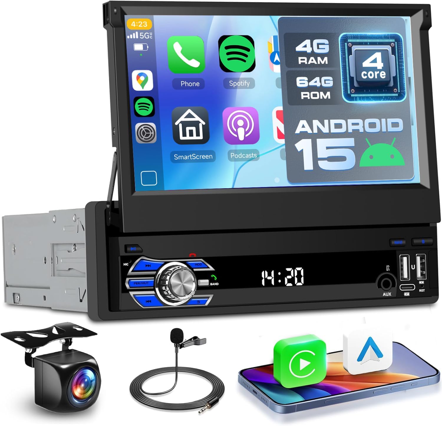 4G+64G Single Din Flip Out Touch Screen Car Radio with Wireless Carplay & Android Auto,7 Inch Radio with GPS, Bluetooth 5.0, FM/RDS Radio, Reverse Camera, AUX & Dual USB Ports