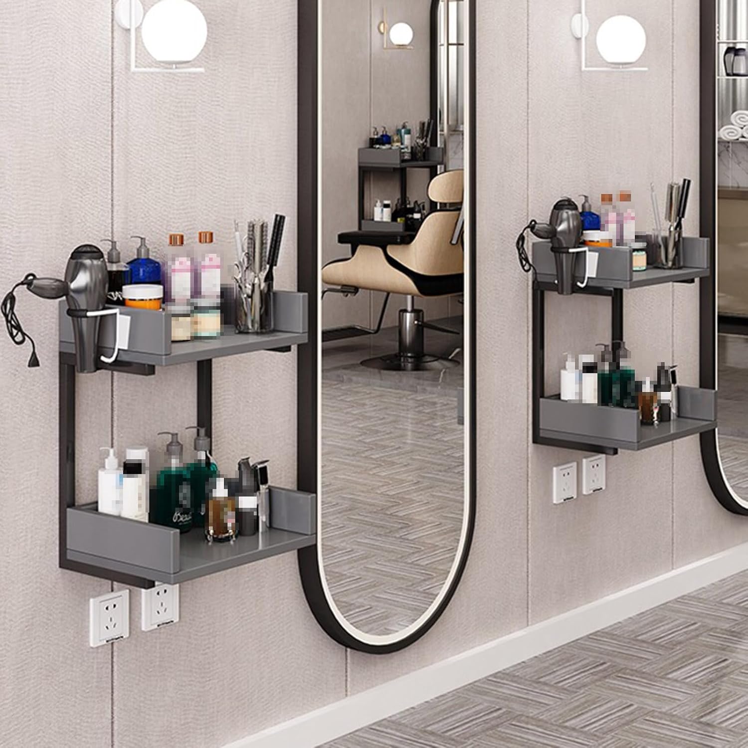 Salon Stations for Hair Stylist, Modern Wall Mount Barber Hair Styling Tool Storage Cabinet, Open Storage Beauty Spa Salon Equipment , Bathroom Corner Salon Station Makeup Organizer with Hair Dryer