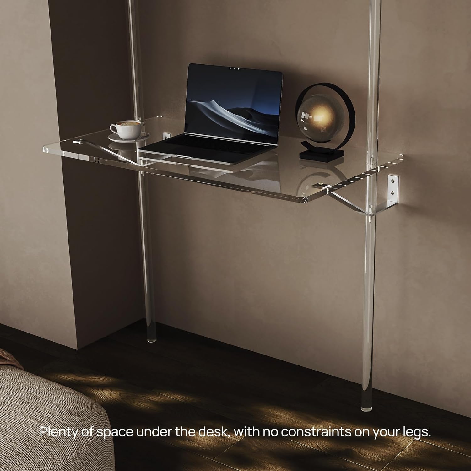 HMYHUM Acrylic Wall Mount Desk, Clear Ladder Desk with Open Shelves, Floating Desk for Laptop, Computer, Study, Writing, Vanity Table, Modern, 36